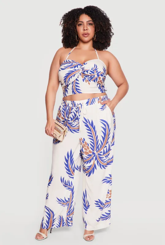 Plus Size Coconut Tree Print Drawstring Waist Wide Leg Pants sold by Rainbow