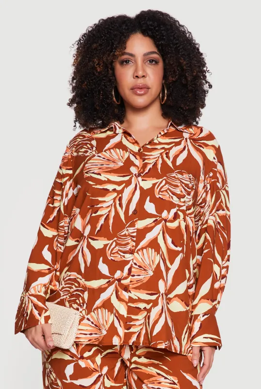 Plus Size Abstract Tropical Floral Button Front Shirt made by Rainbow