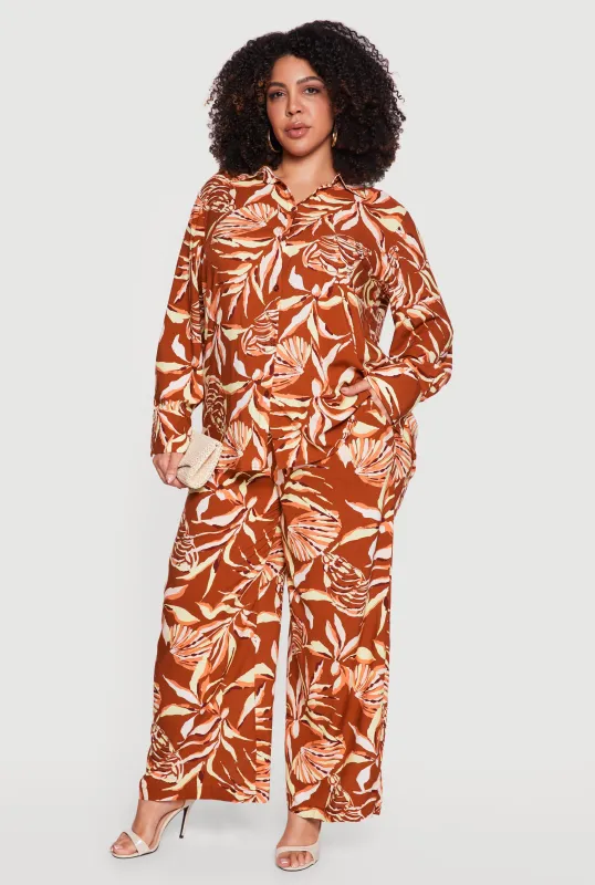 Plus Size Abstract Tropical Floral Drawstring Waist Pants sold by Rainbow