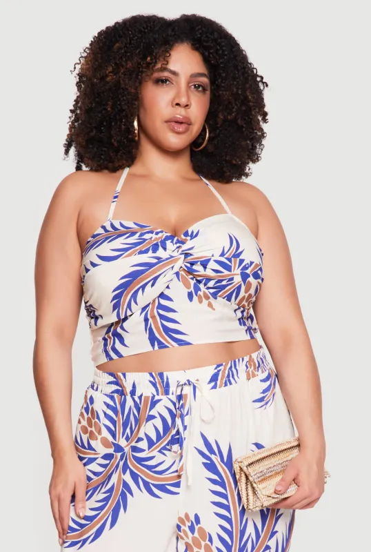 Plus Size Palm Tree Print Twist Front Cropped Halter Top sold by Rainbow