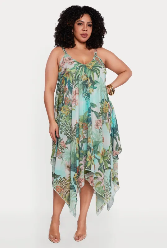 Plus Size Tropical Floral Handkerchief Hem Midi Dress made by Rainbow