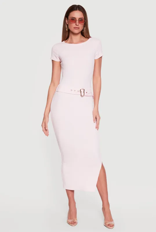 Rib Knit Belted Front Short Sleeve Maxi Dress made by Rainbow