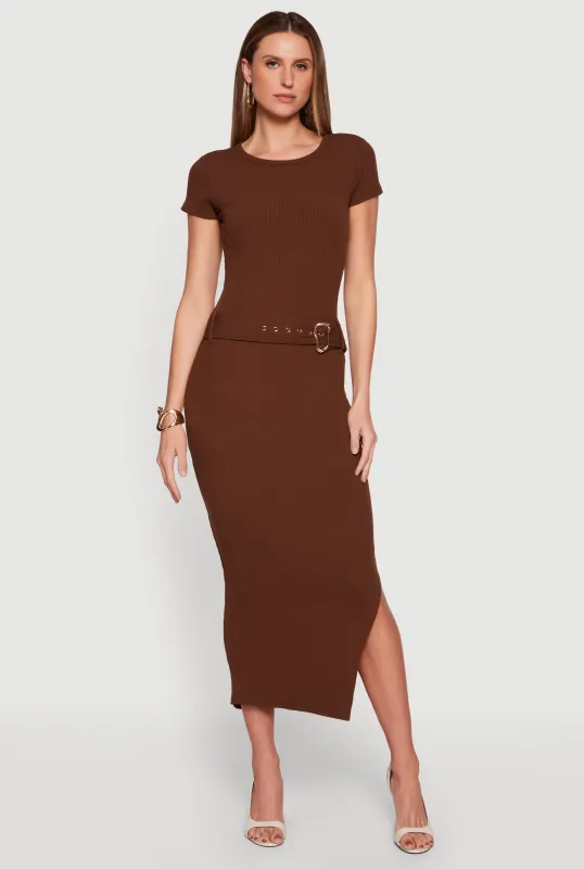 Rib Knit Belted Front Short Sleeve Maxi Dress made by Rainbow