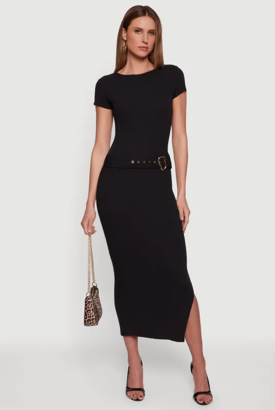 Rib Knit Belted Front Short Sleeve Maxi Dress made by Rainbow