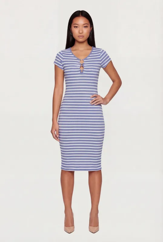 O Ring Cut Out Striped Midi Dress made by Rainbow