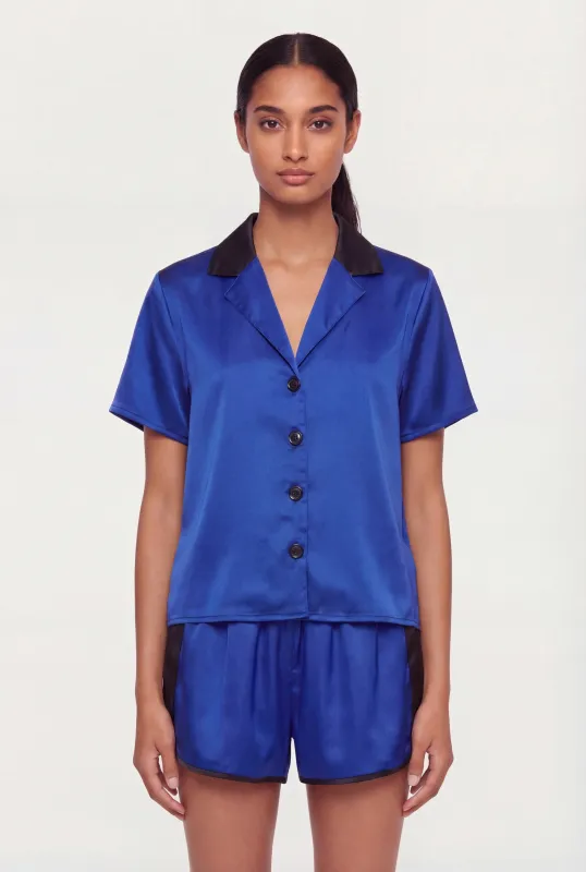 Contrast Trim Satin Short Sleeve Button Front Shirt made by Rainbow