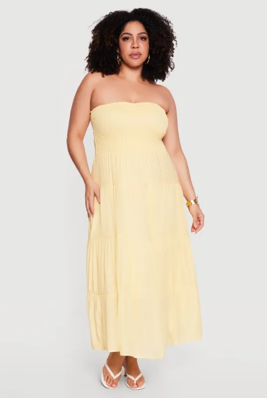 Plus Size Smocked Tube Tiered Gauze Knit Maxi Dress made by Rainbow