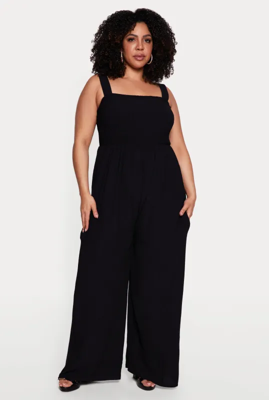 Plus Size Sleeveless Smocked Jumpsuit with Pockets made by Rainbow