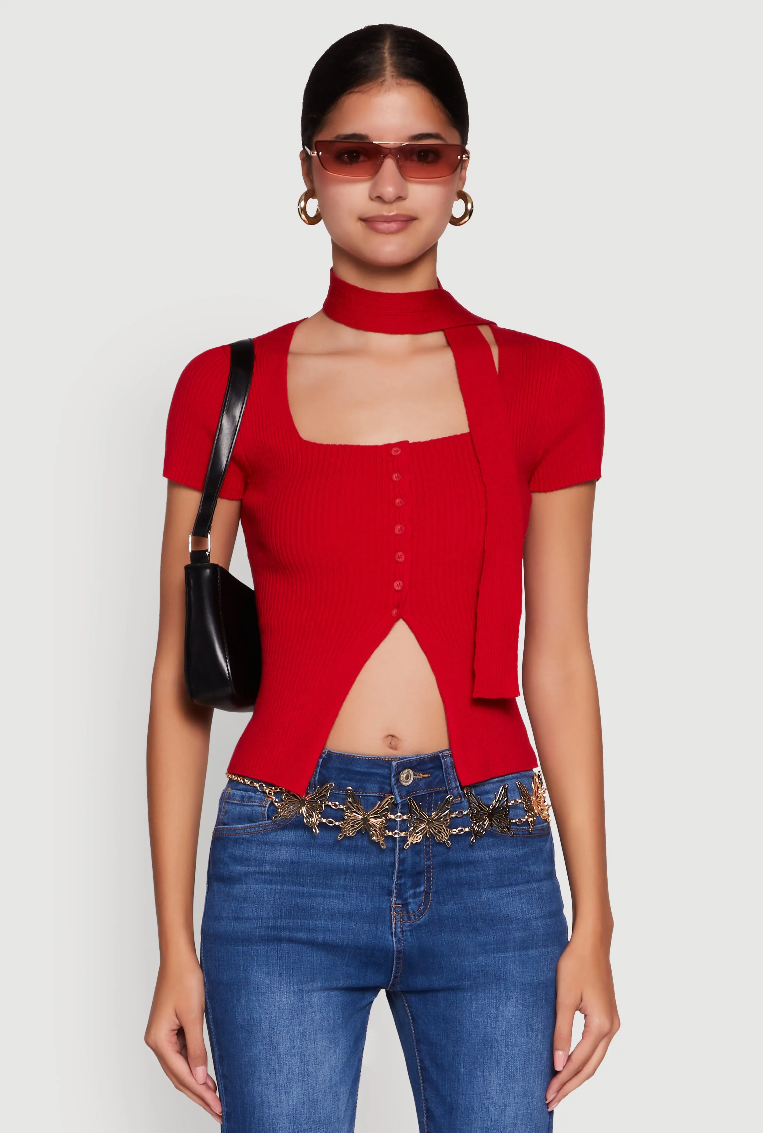 Ribbed Knit Button Slit Front Top with Neck Tie sold by Rainbow product image thumbnail 2