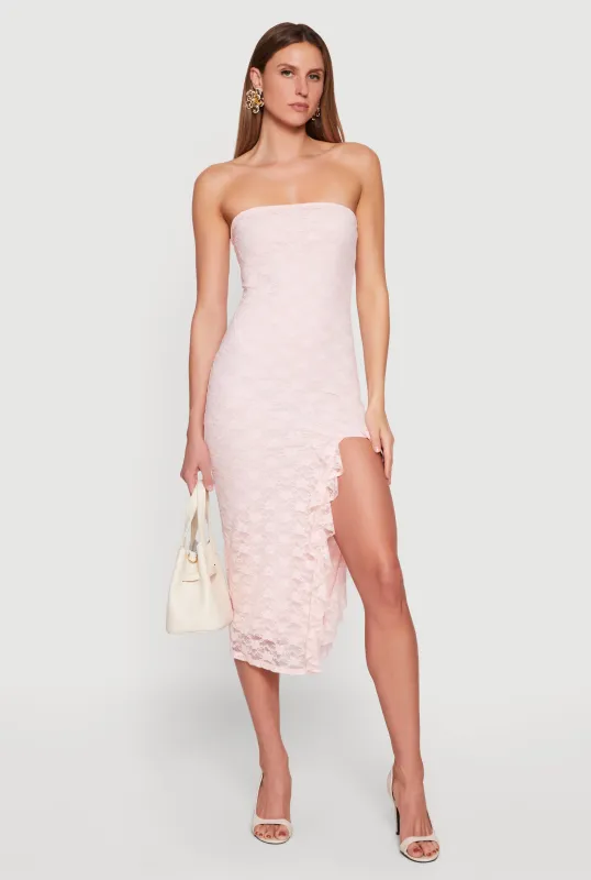 Ruffle Trim Side Slit Lace Overlay Midi Dress made by iris