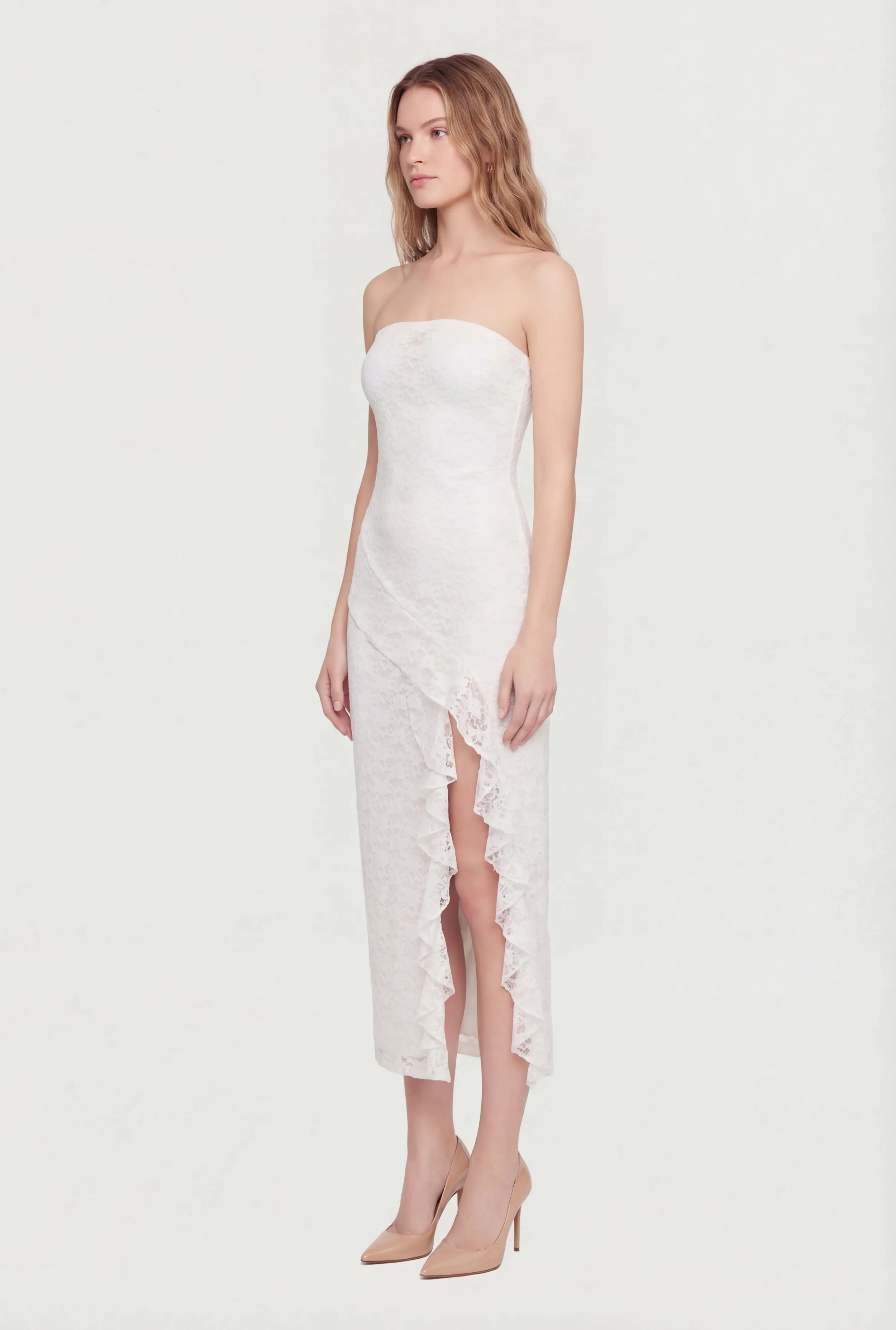 Ruffle Trim Side Slit Lace Overlay Midi Dress sold by Rainbow product image thumbnail 2