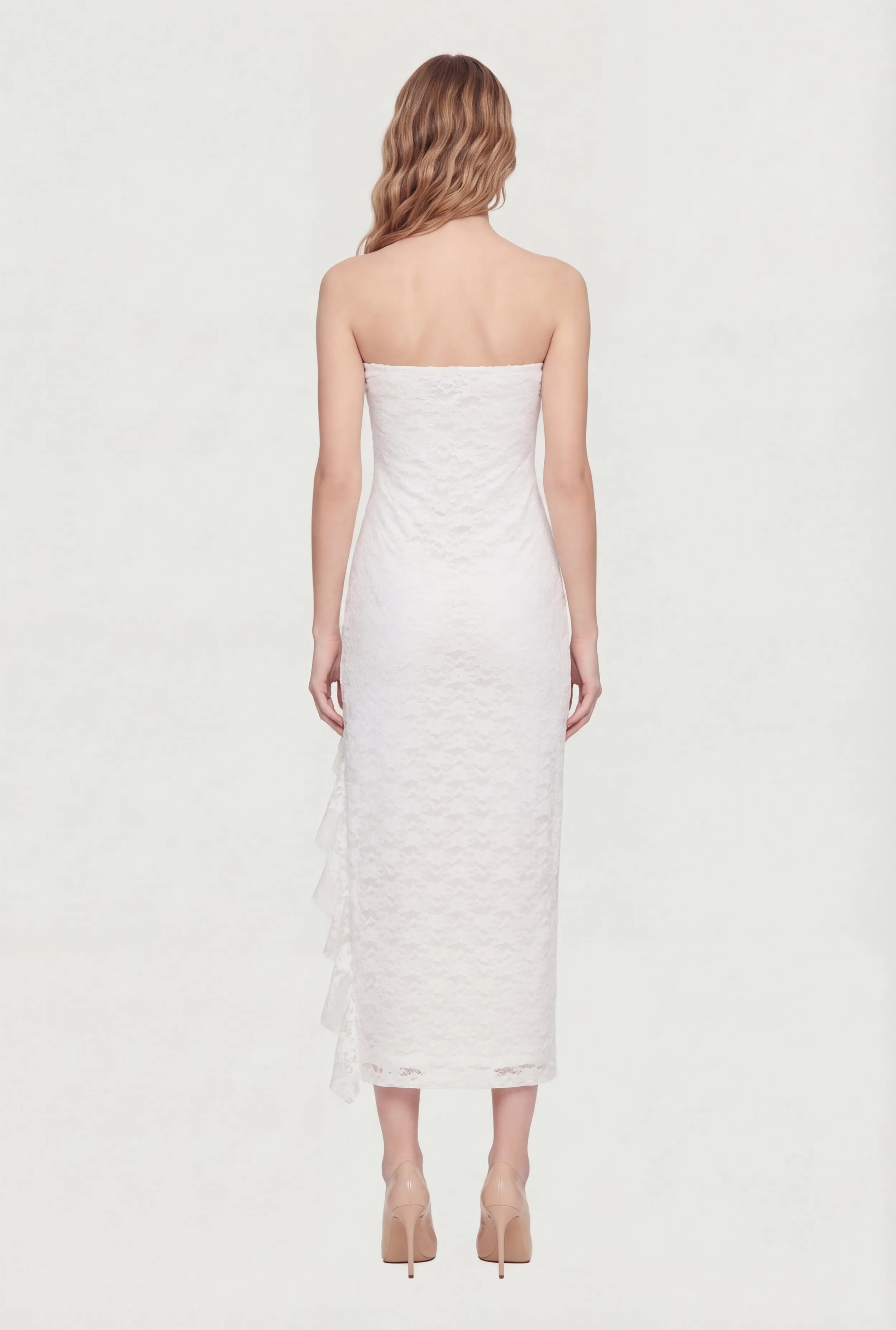 Ruffle Trim Side Slit Lace Overlay Midi Dress sold by Rainbow product image thumbnail 3