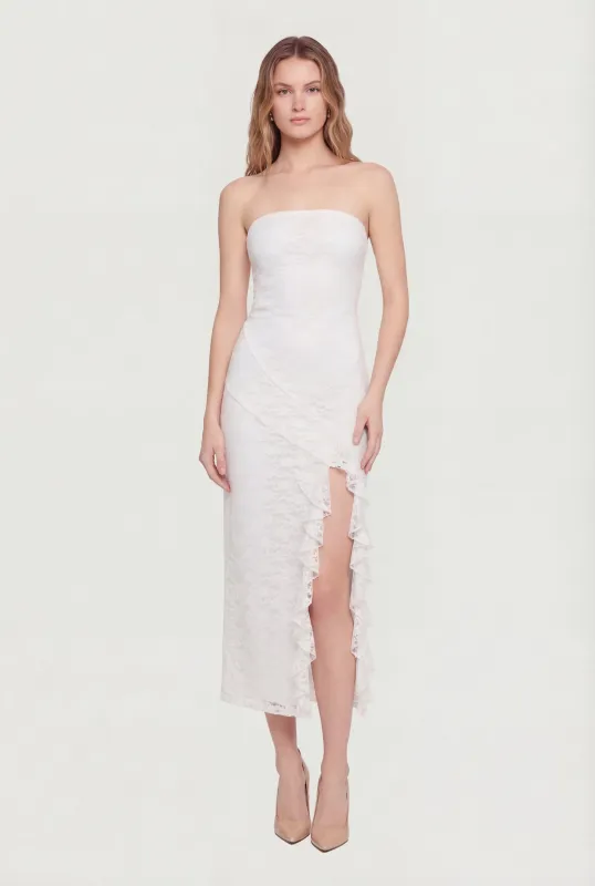 Ruffle Trim Side Slit Lace Overlay Midi Dress made by iris