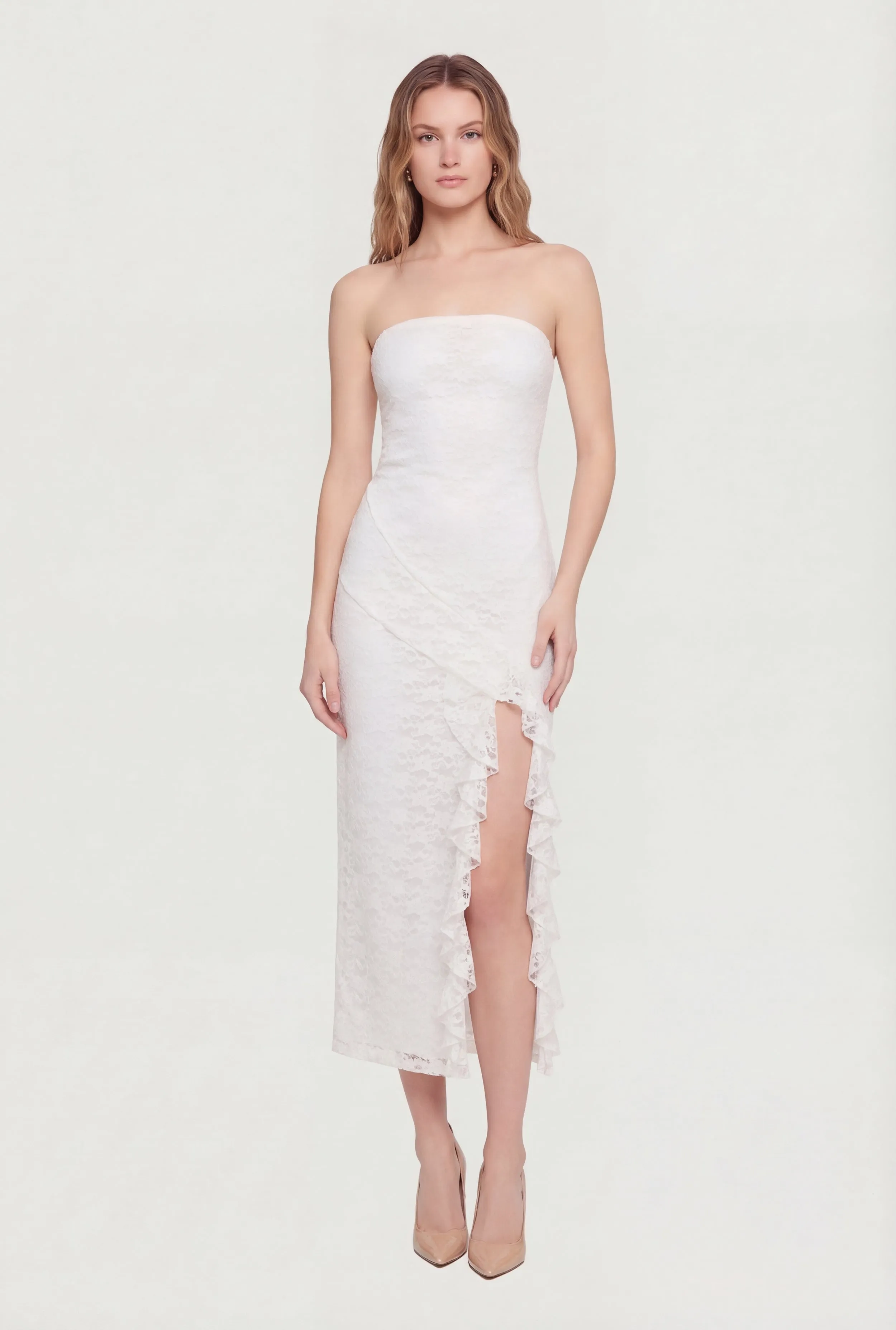Ruffle Trim Side Slit Lace Overlay Midi Dress sold by Rainbow