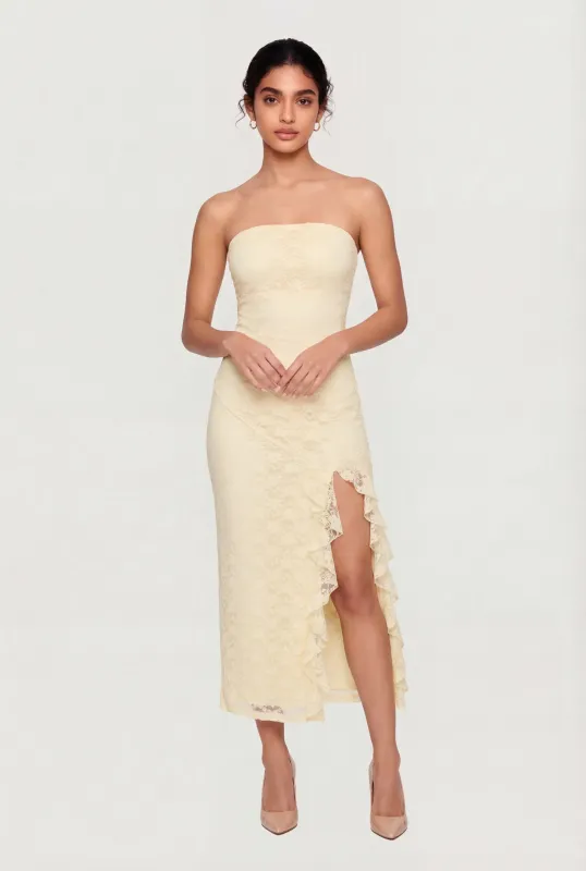 Ruffle Trim Side Slit Lace Overlay Midi Dress made by iris
