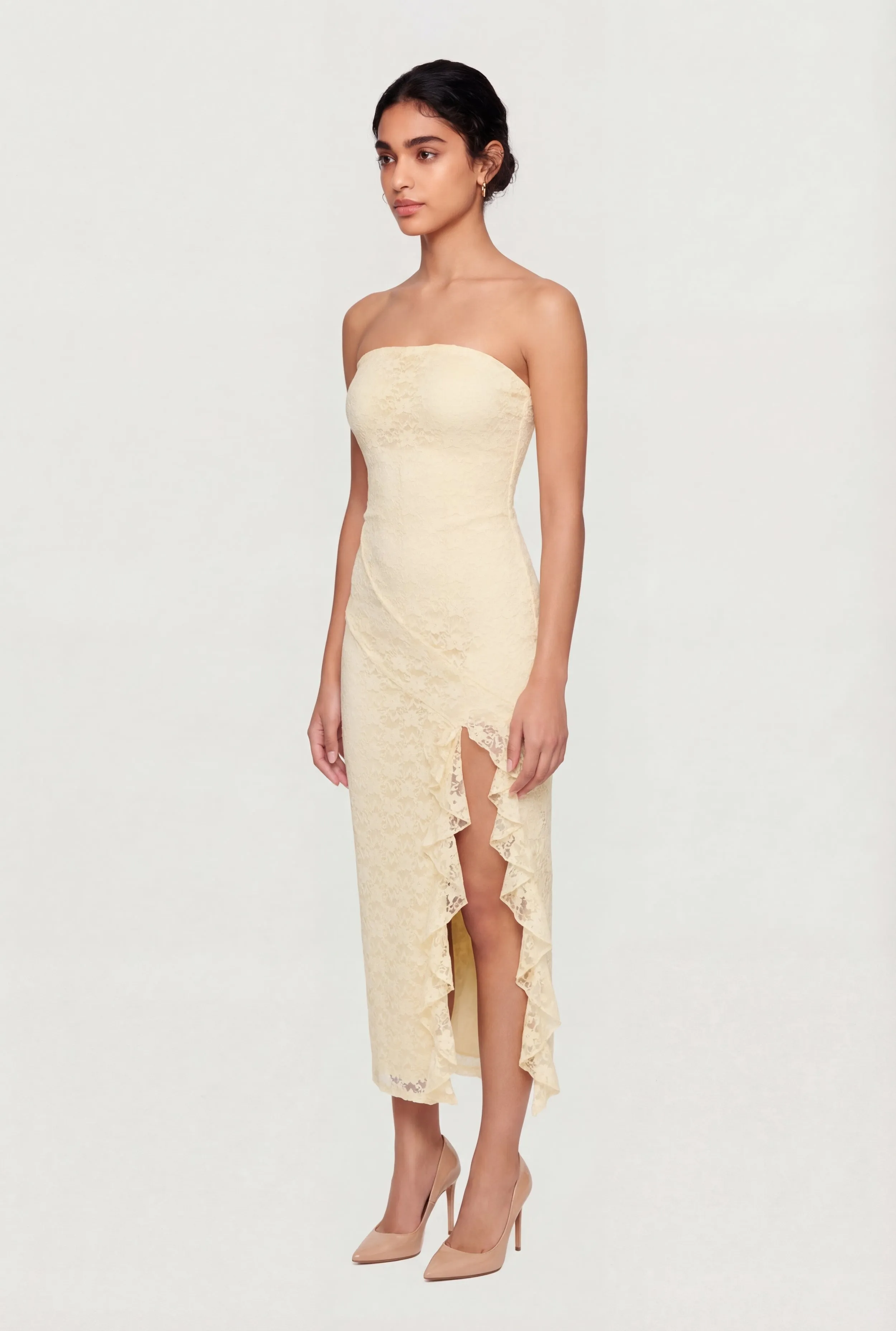 Ruffle Trim Side Slit Lace Overlay Midi Dress sold by Rainbow product image thumbnail 2