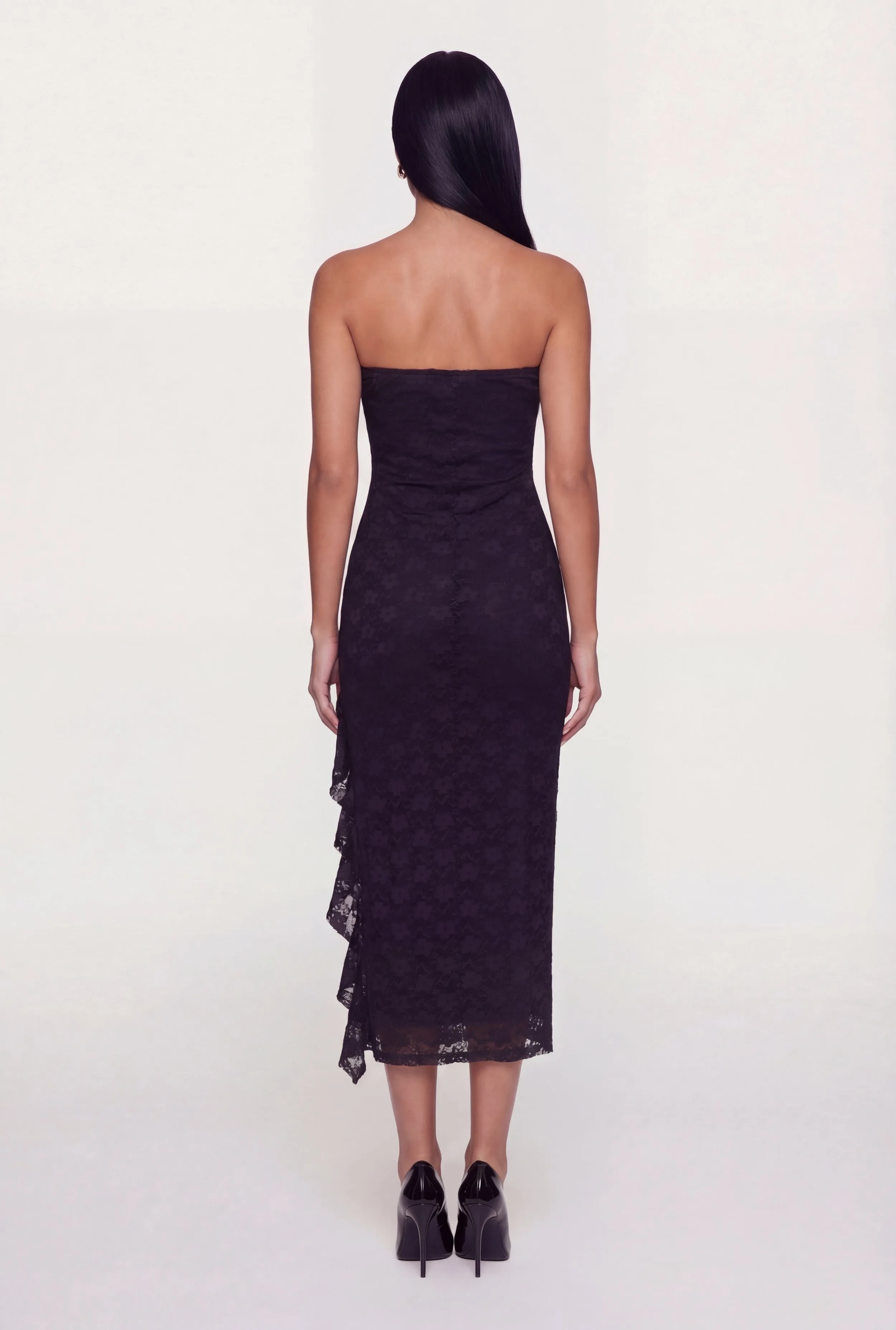 Ruffle Trim Side Slit Lace Overlay Midi Dress sold by Rainbow product image thumbnail 3