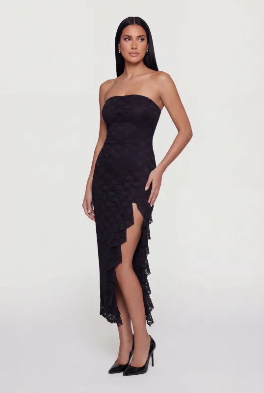 Ruffle Trim Side Slit Lace Overlay Midi Dress made by iris