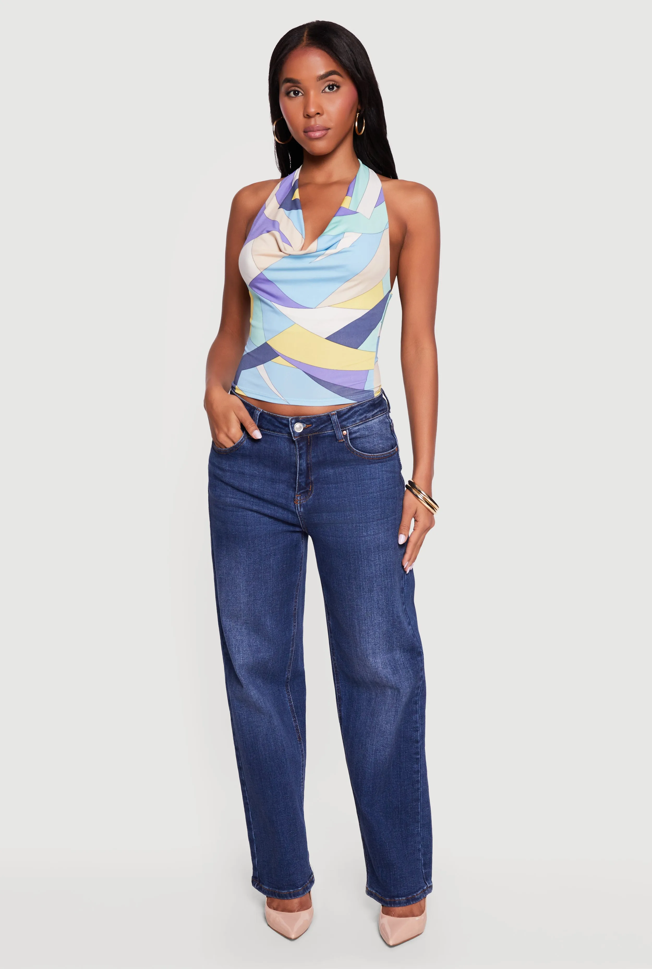 Abstract Patterned Cowl Neck Halter Top sold by Rainbow