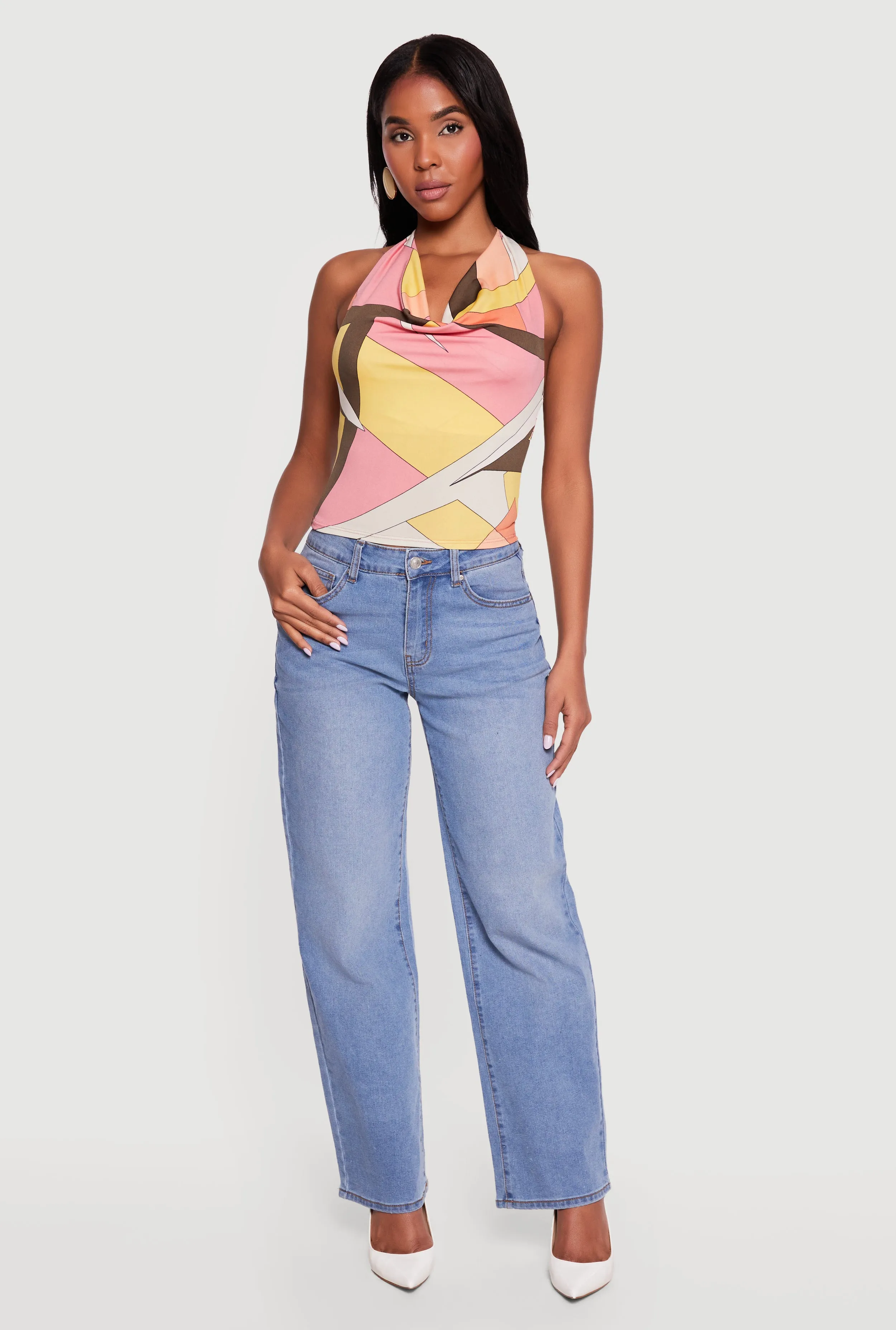 Abstract Patterned Cowl Neck Halter Top sold by Rainbow