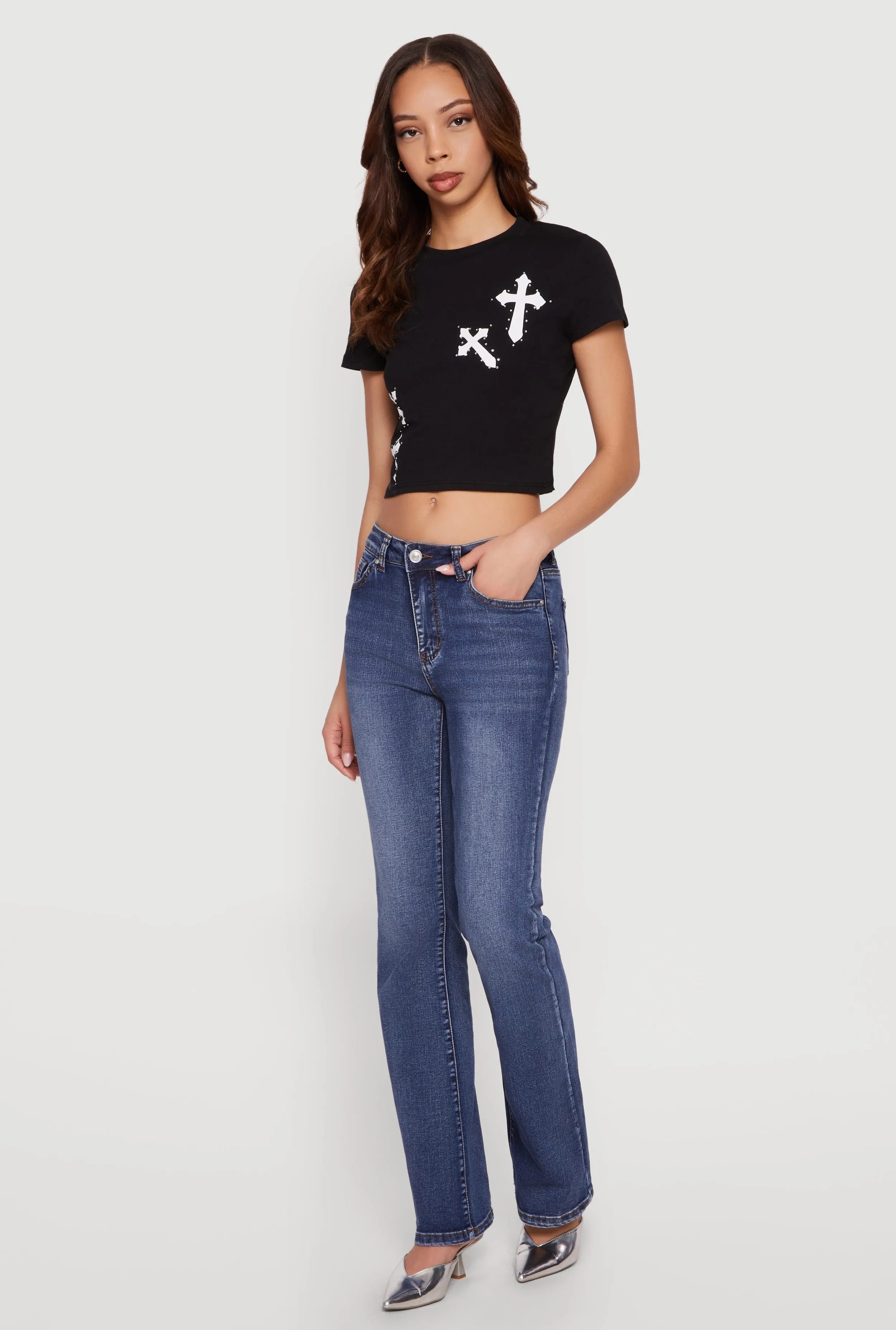 Rhinestone Cross Graphic Cropped Tee sold by Rainbow product image thumbnail 3