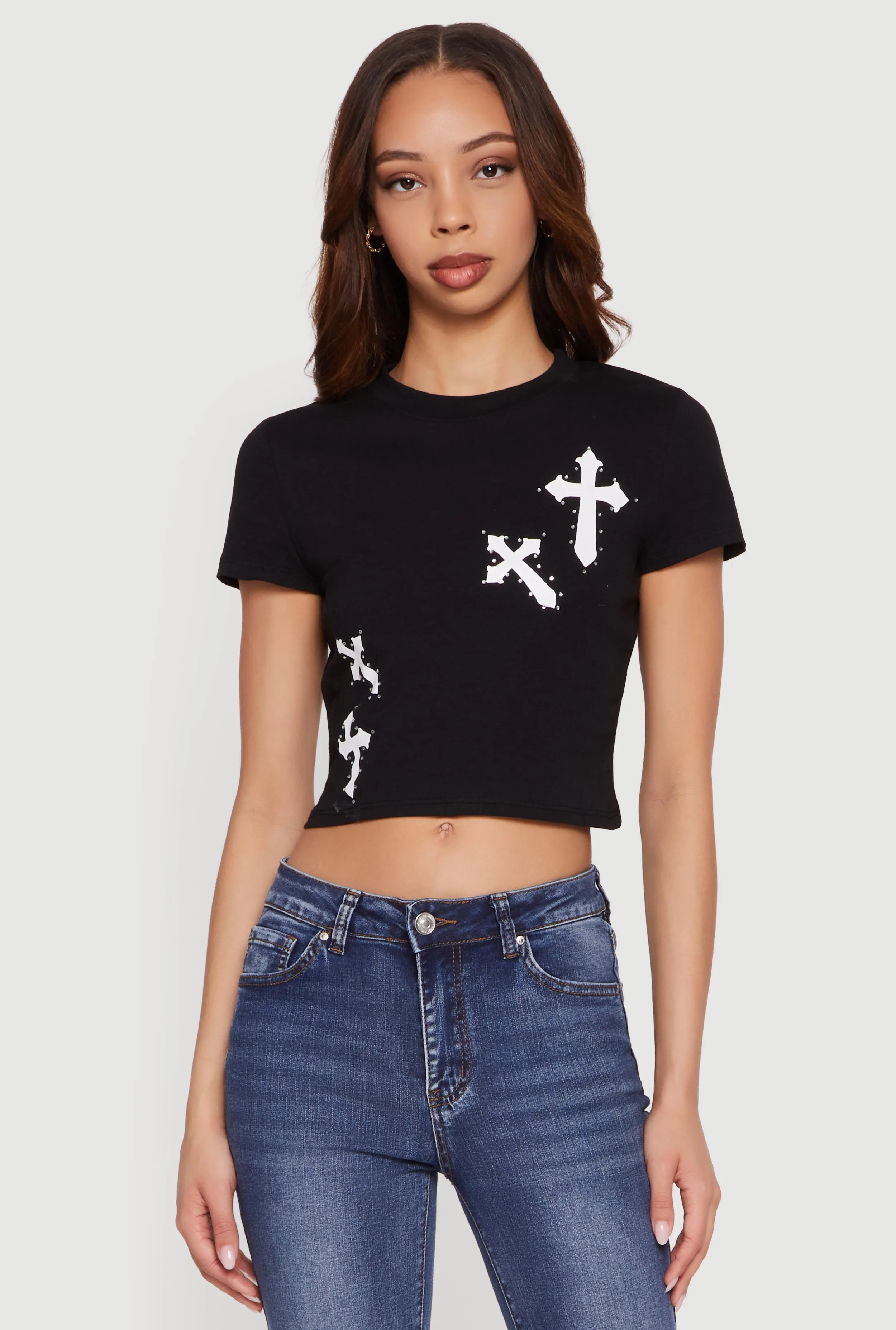 Rhinestone Cross Graphic Cropped Tee sold by Rainbow product image thumbnail 2