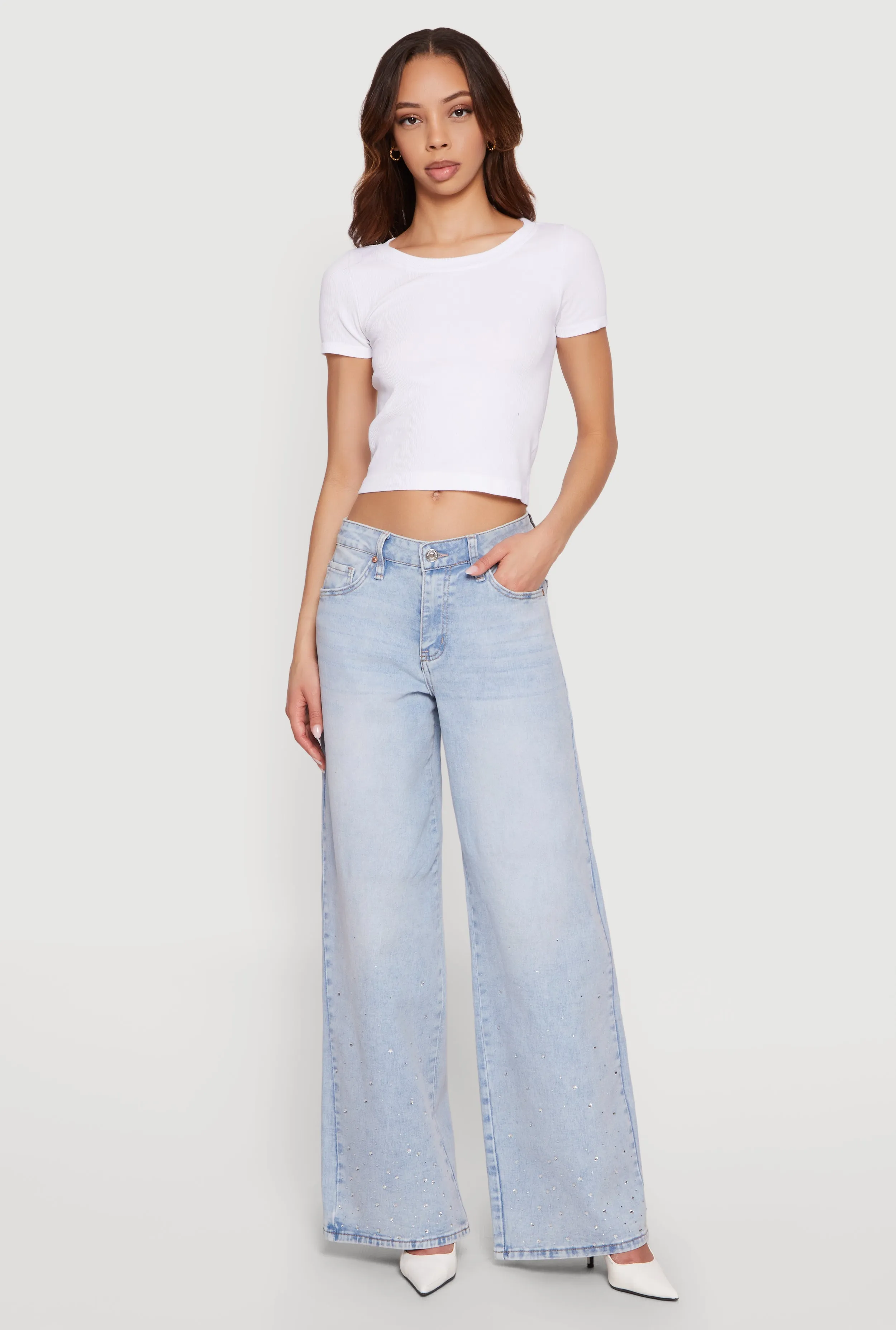 Almost Famous Rhinestone Wide Leg Jeans sold by Rainbow