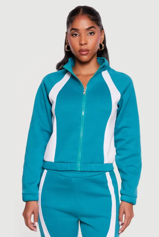 Contrast Trim Mock Neck Zip Front Sweatshirt made by Rainbow