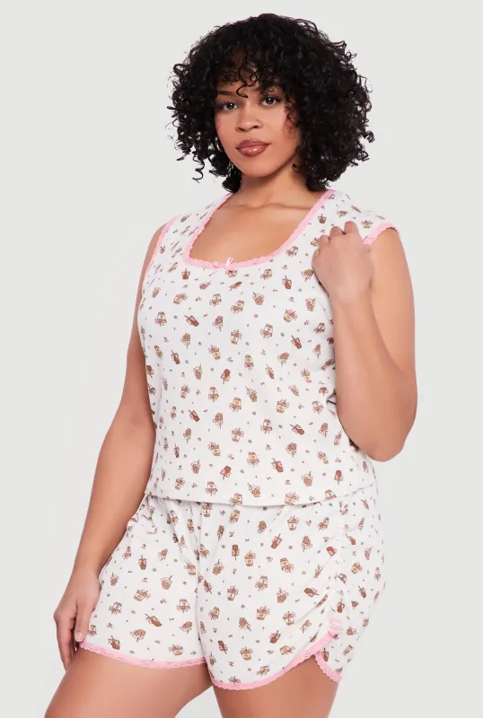 Plus Size Coffee Print Pajama Top and Shorts Set sold by Rainbow