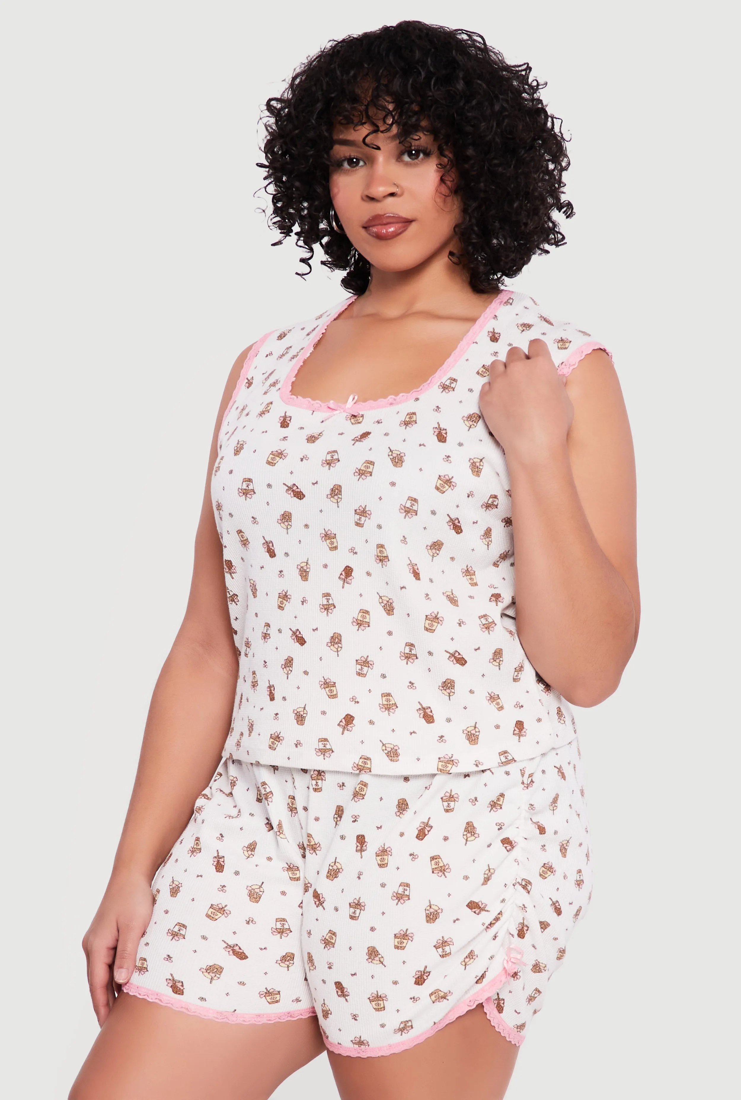 Plus Size Coffee Print Pajama Top and Shorts Set sold by Rainbow