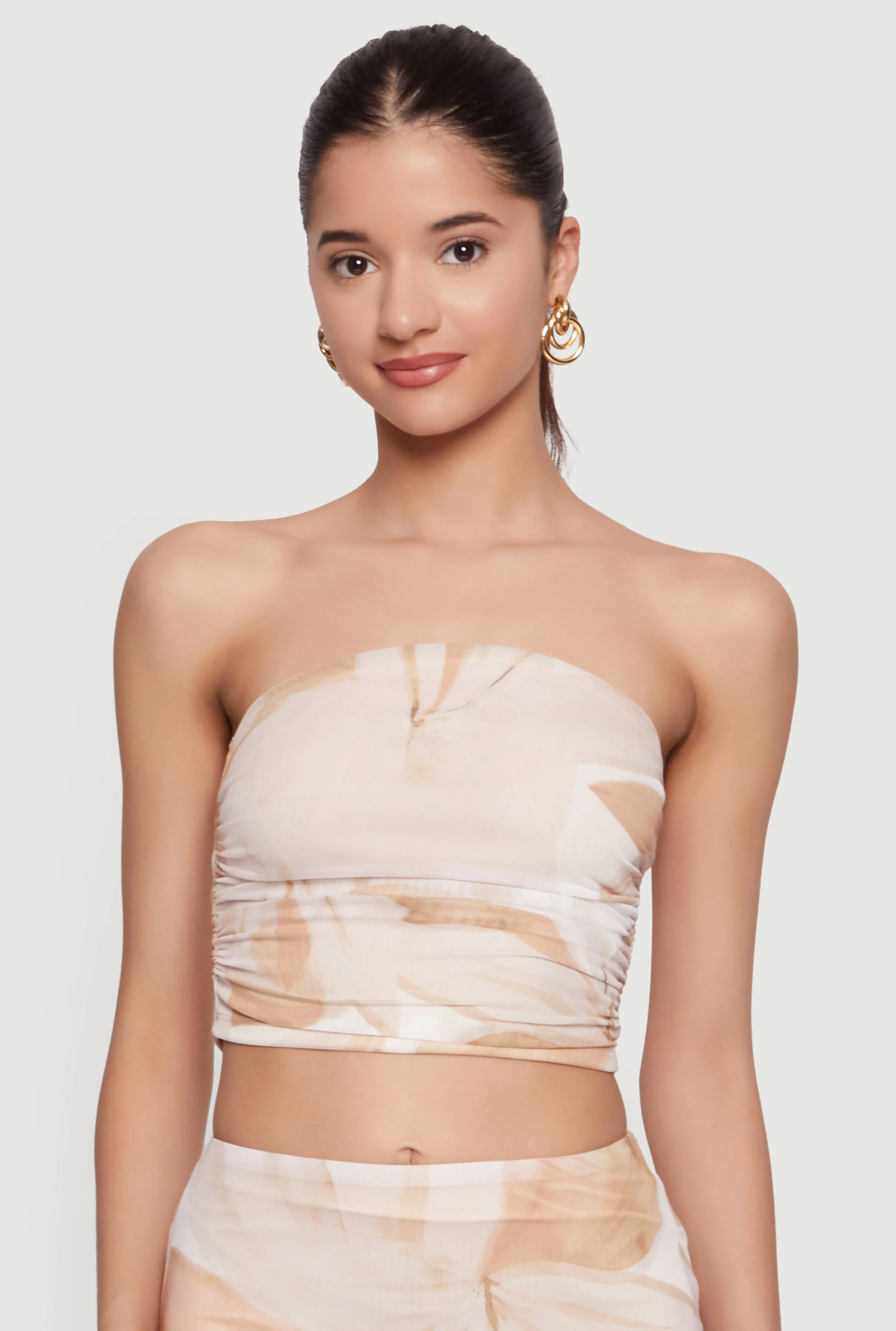 Patterned Mesh Ruched Side Cropped Tube Top sold by Rainbow