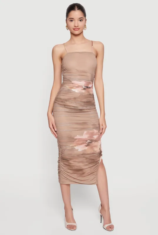 Printed Ruched Square Neck Cami Dress with Side Slit made by iris