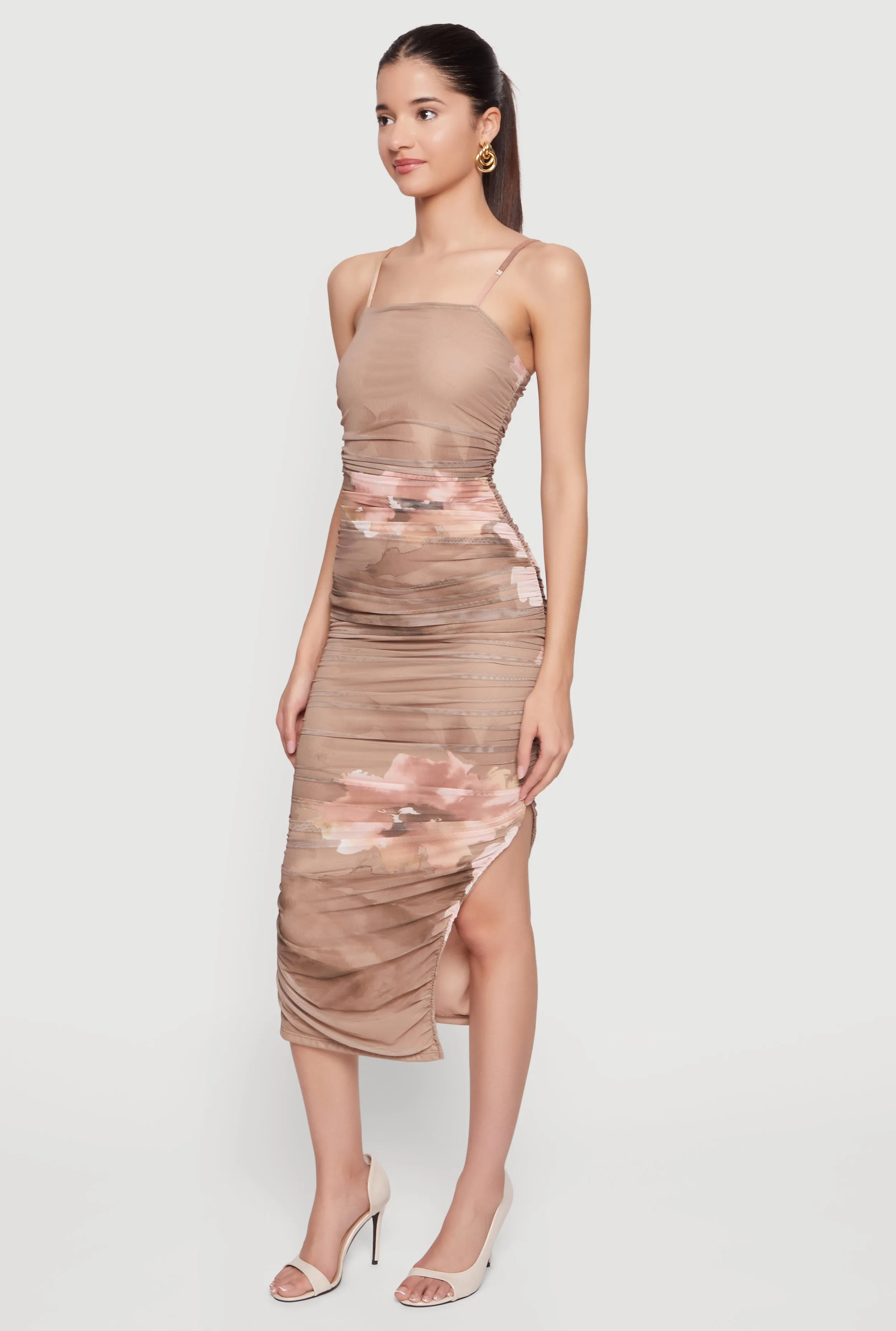 Printed Ruched Square Neck Cami Dress with Side Slit sold by Rainbow product image thumbnail 2