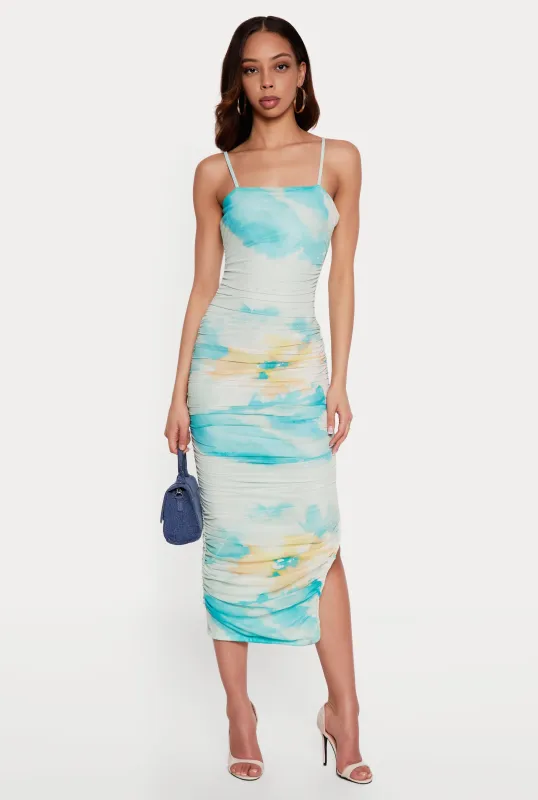 Printed Ruched Square Neck Cami Dress with Side Slit made by iris