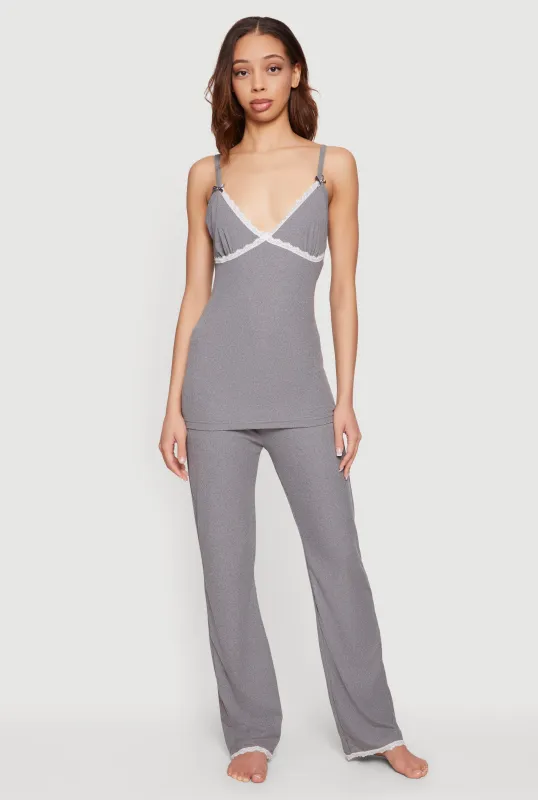 Rib Knit Lace Trim Pajama Cami and Pants Set sold by Rainbow