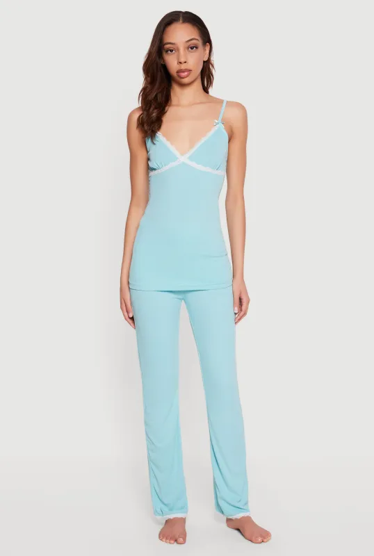Rib Knit Lace Trim Pajama Cami and Pants Set sold by Rainbow