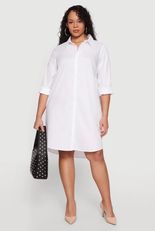 Plus Size Poplin Tabbed Sleeve Shirt Dress made by Rainbow
