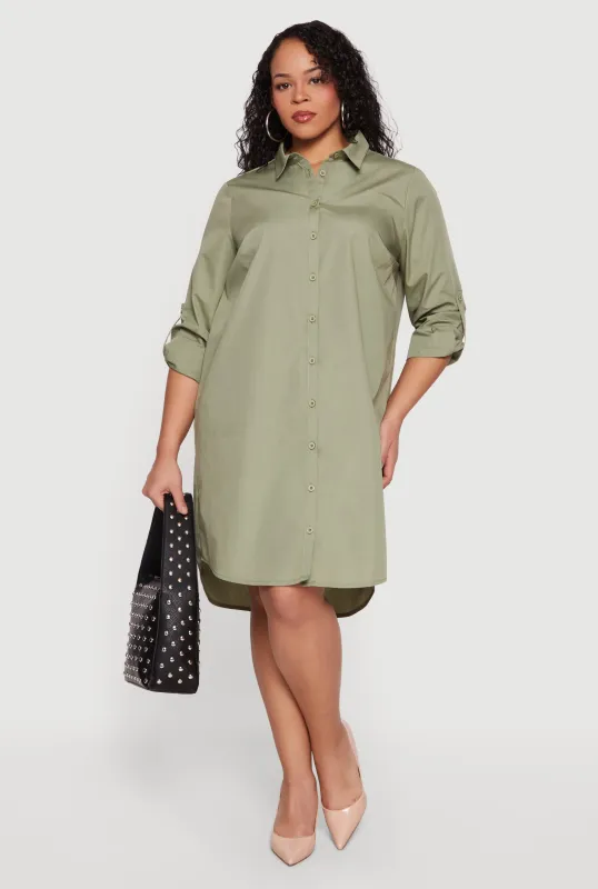 Plus Size Poplin Tabbed Sleeve Shirt Dress made by Rainbow