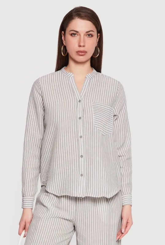 Striped Notch Neck Button Front Shirt made by Rainbow