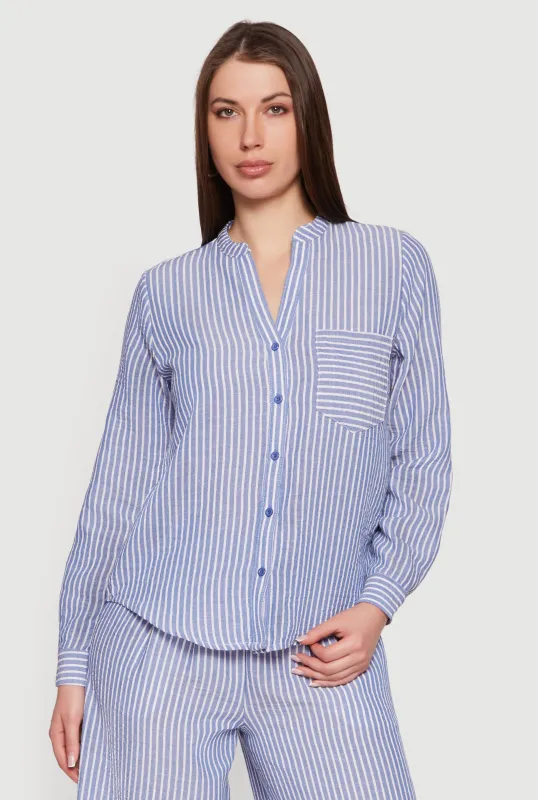 Striped Notch Neck Button Front Shirt made by Rainbow