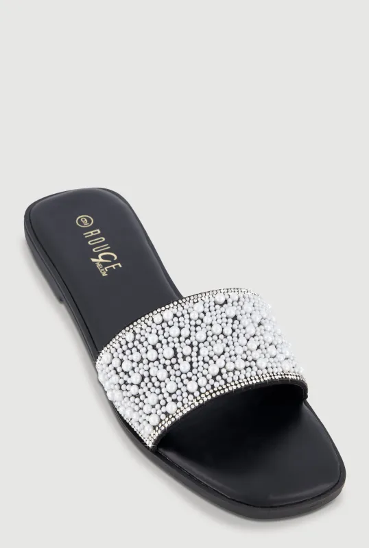 Faux Pearl Band Slide Sandals with Rhinestones made by Rainbow