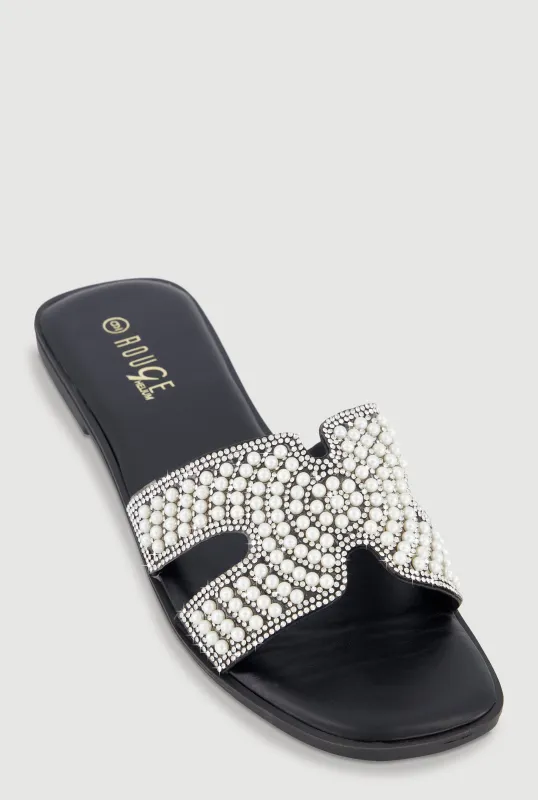 Faux Pearl H Band Slide Sandals with Rhinestones made by Rainbow