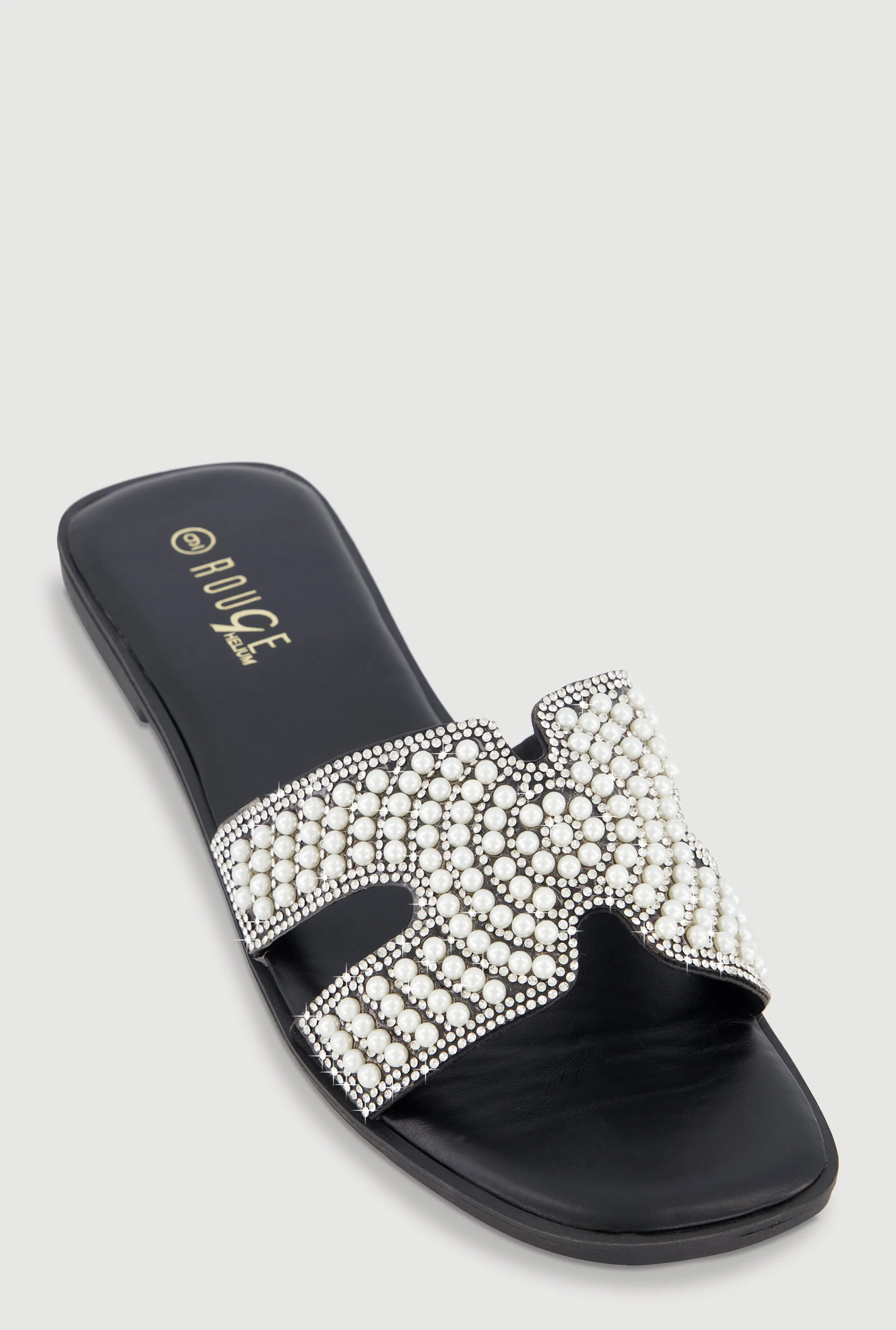 Faux Pearl H Band Slide Sandals with Rhinestones sold by Rainbow