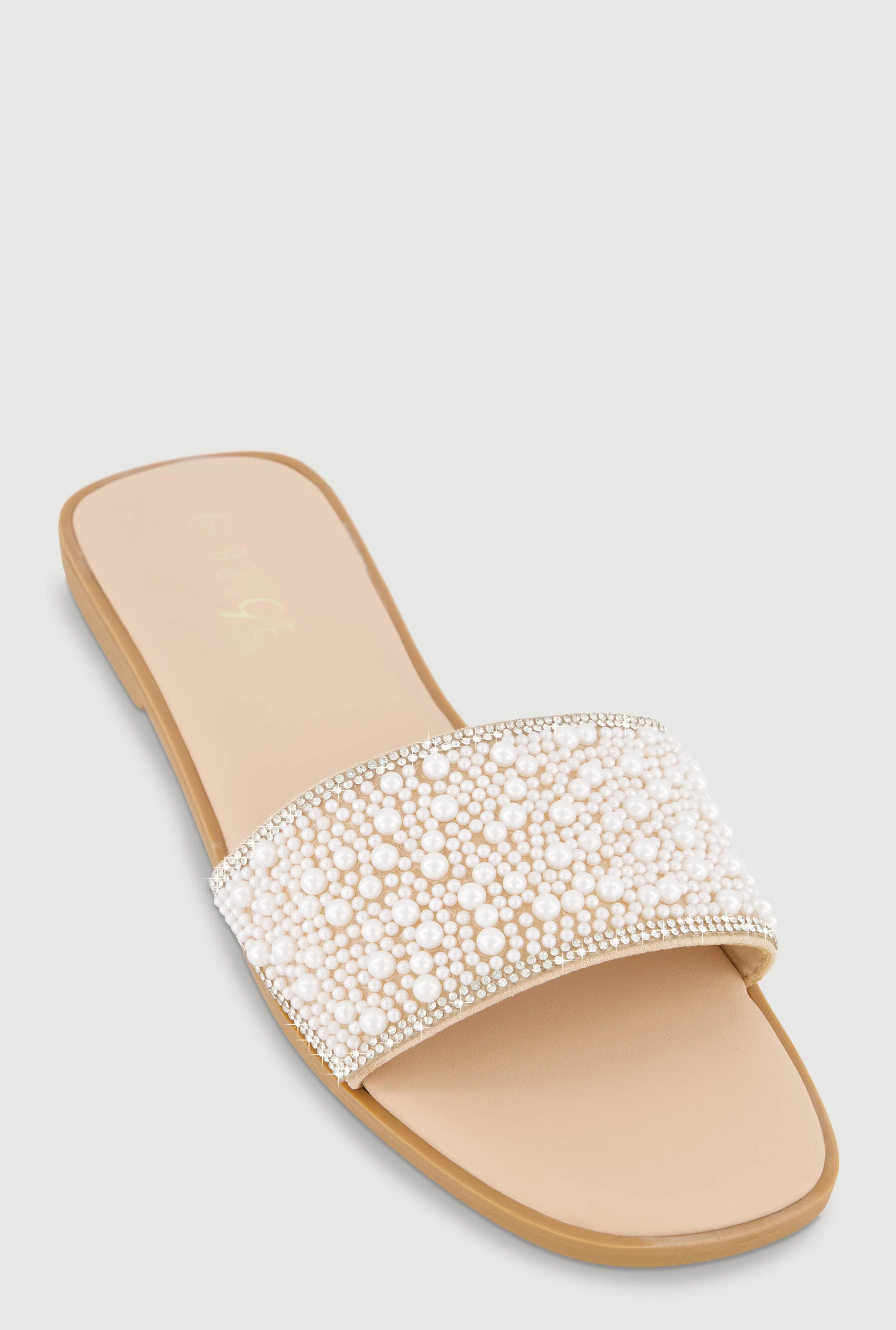Faux Pearl Band Slide Sandals with Rhinestones sold by Rainbow