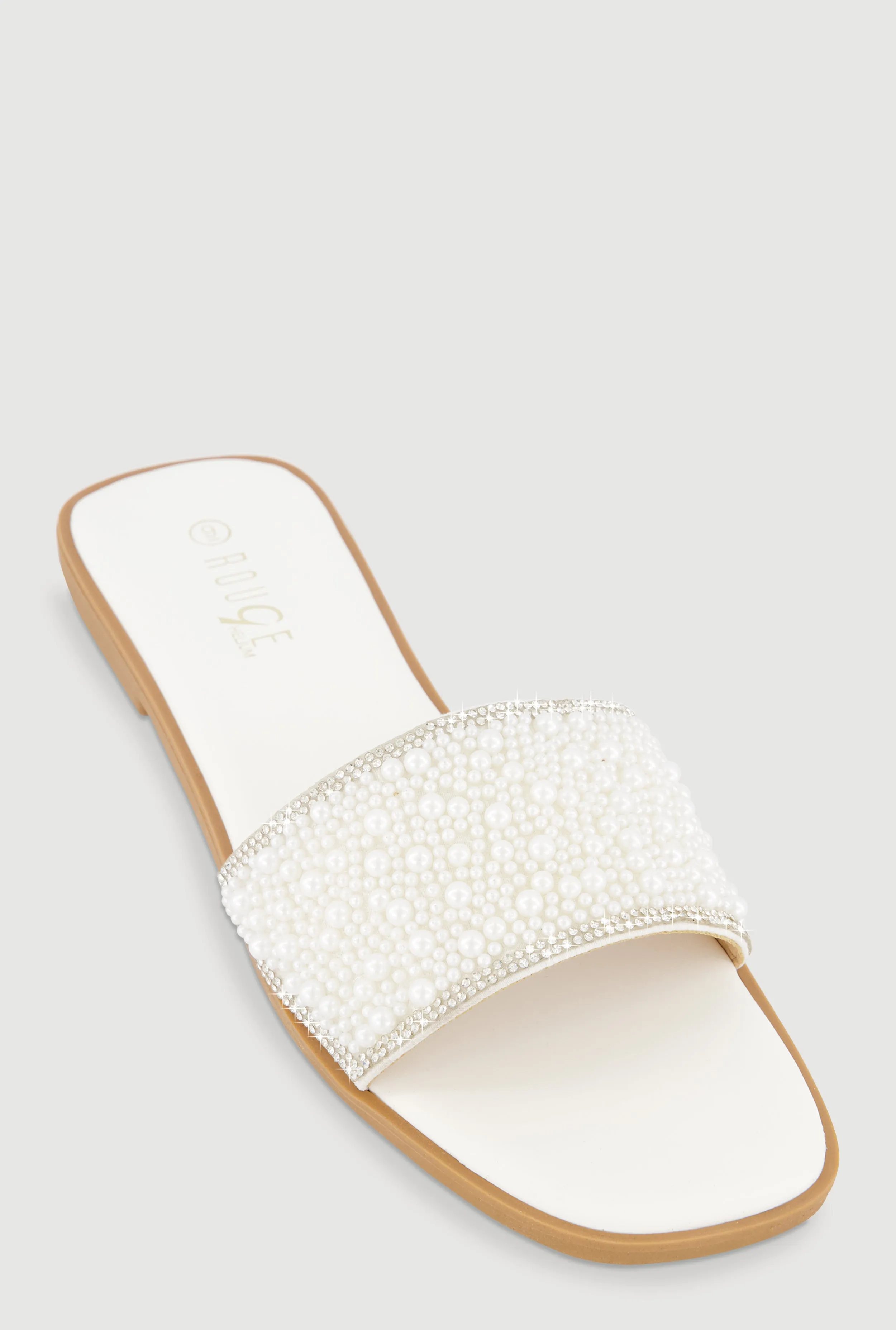 Faux Pearl Band Slide Sandals with Rhinestones sold by Rainbow