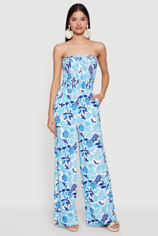 Tropical Print Smocked Tube Jumpsuit sold by Rainbow