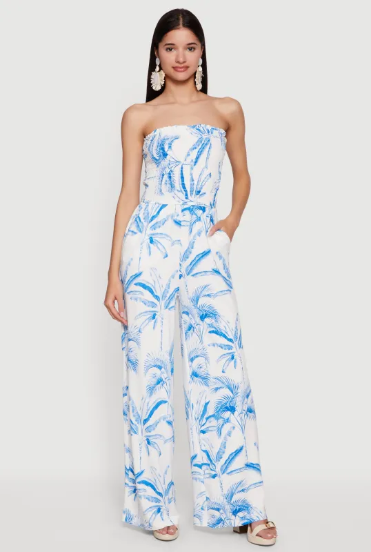 Palm Tree Print Smocked Tube Jumpsuit sold by Rainbow