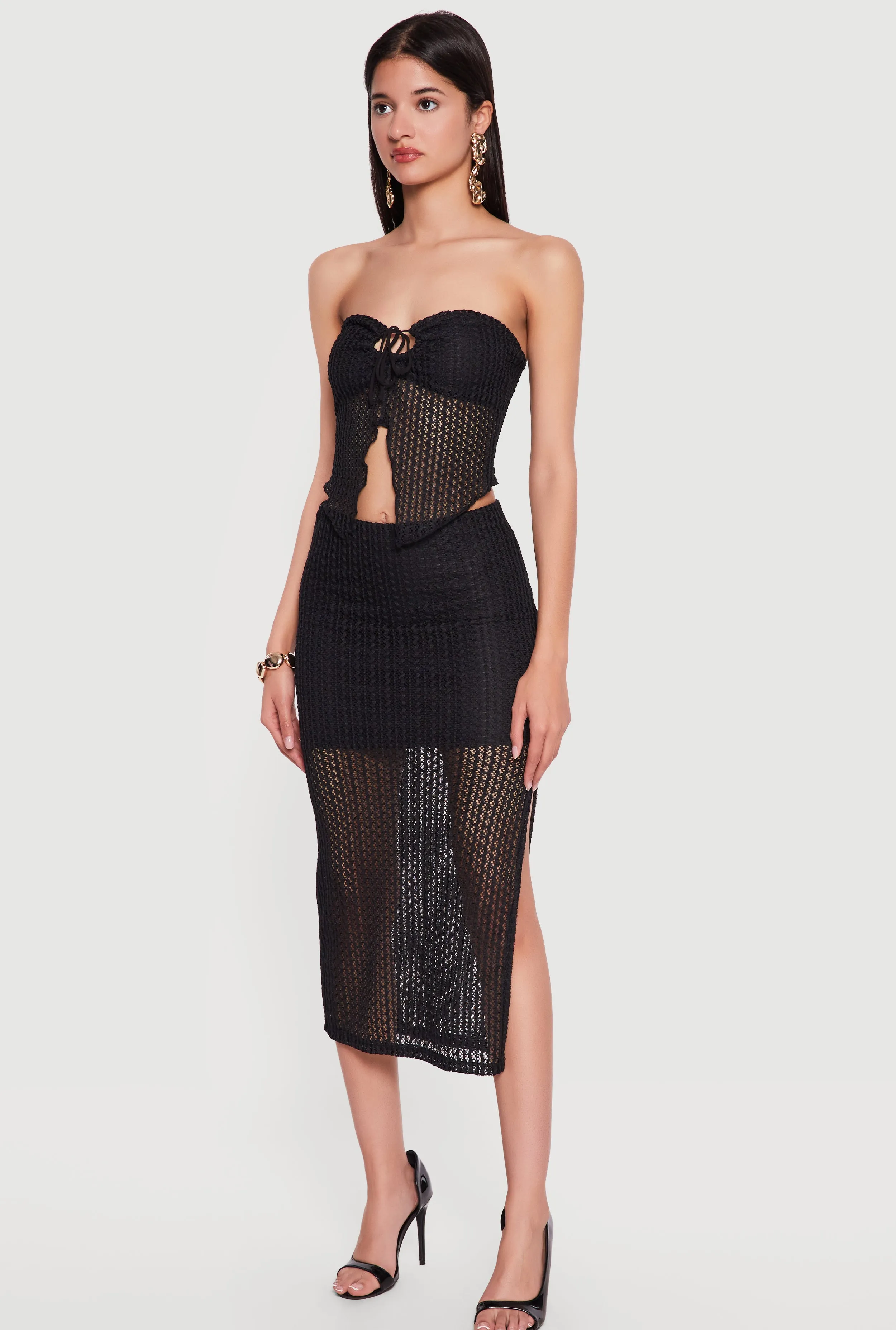 Textured Knit Drawstring Keyhole Crop Tube Top sold by Rainbow product image thumbnail 3