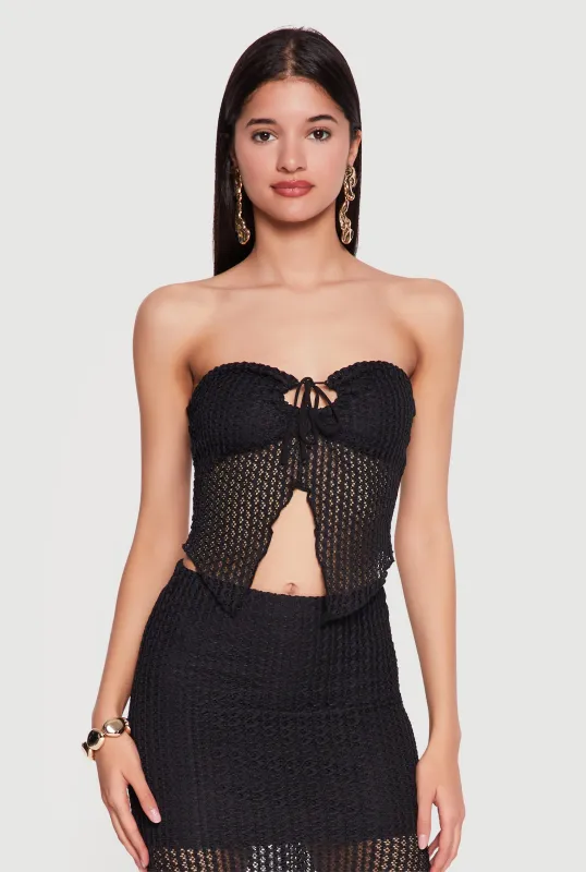 Textured Knit Drawstring Keyhole Crop Tube Top made by Rainbow