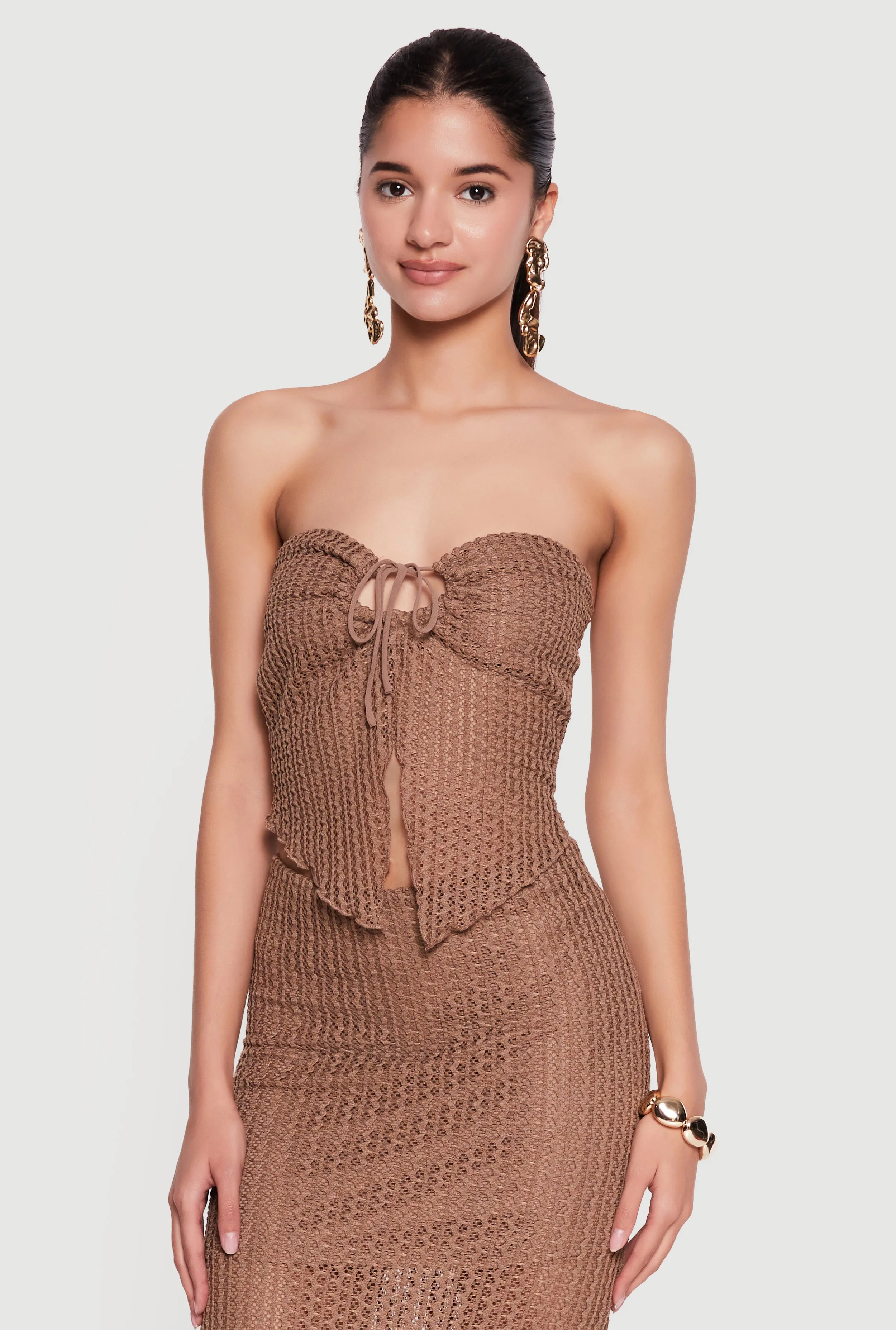 Textured Knit Drawstring Keyhole Crop Tube Top sold by Rainbow